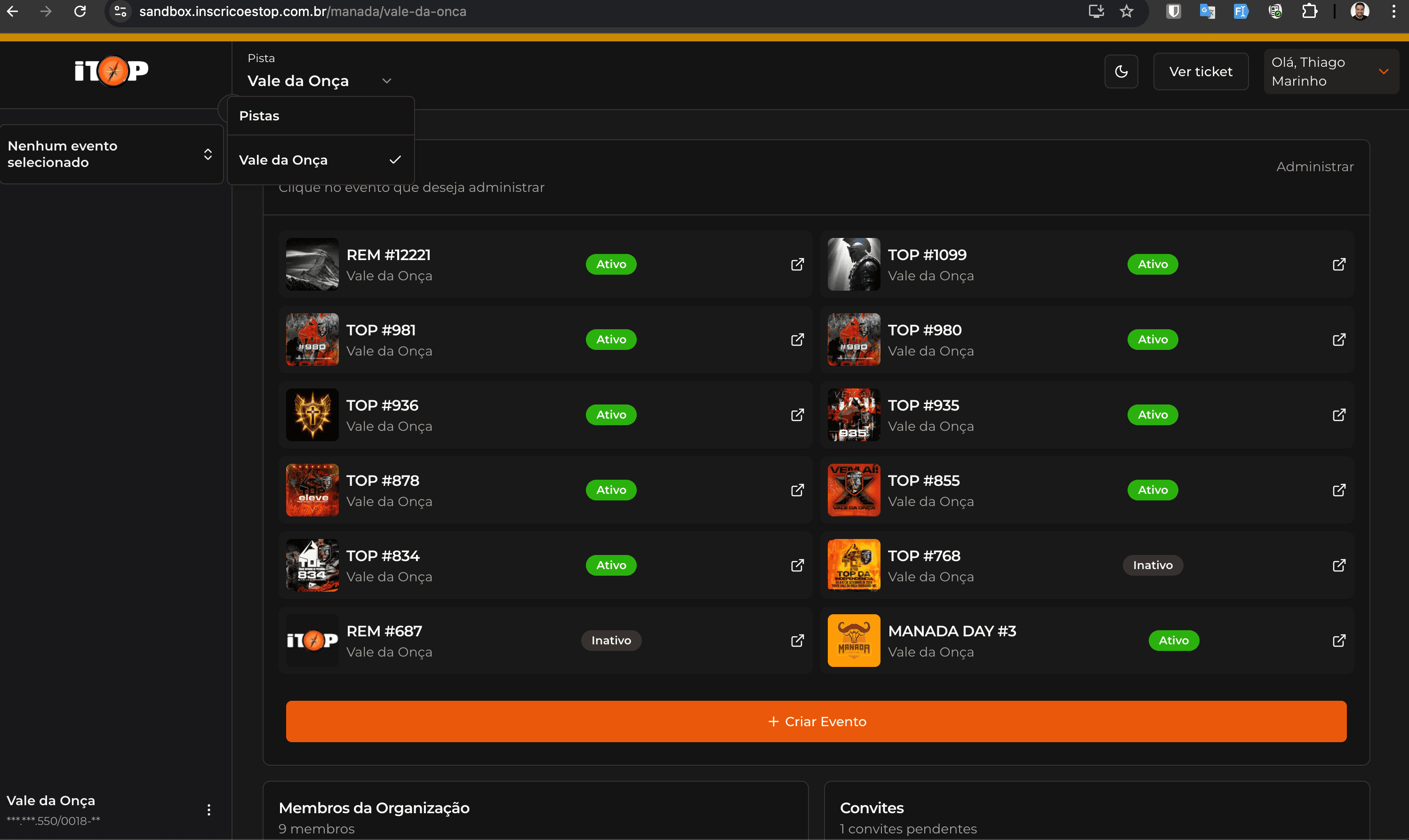 Seleção de organização após login